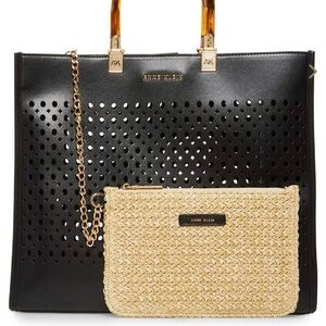 Anne Klein Large Perforated Tote Handbag & Woven Clutch